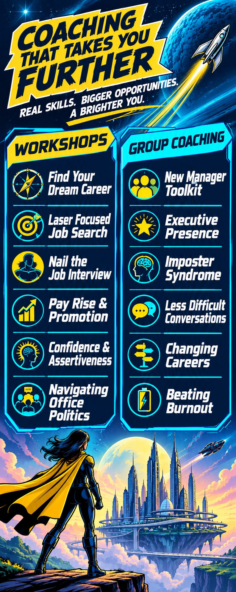 Comic-style poster: Coaching that takes you further. Workshops: Find Your Dream Career, Laser Focused Job Search, Nail the Job Interview, Pay Rise and Promotion, Confidence and Assertiveness, Navigating Office Politics. Group Coaching: New Manager Toolkit, Executive Presence, Imposter Syndrome, Less Difficult Conversations, Changing Careers, Beating Burnout.