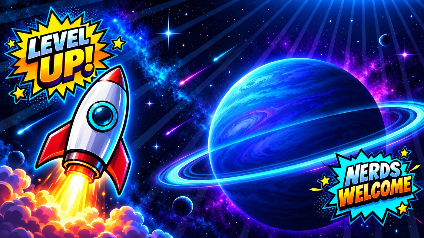Comic-style illustration: a rocket blasting off past a ringed blue planet, with Level Up! and Nerds Welcome starbursts